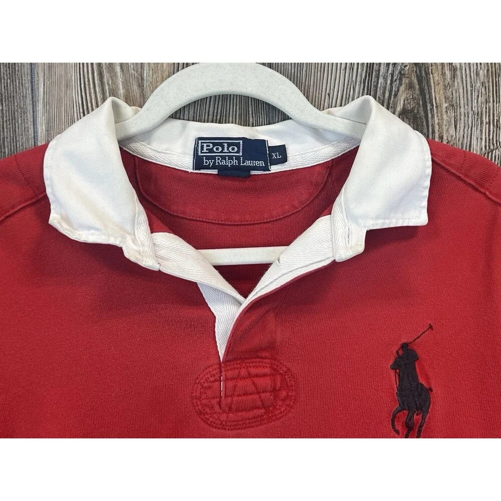 Y2K Polo by Ralph‎ Lauren Red Rugby Shirt Mens XL Old Money Big Pony Chest Logo
